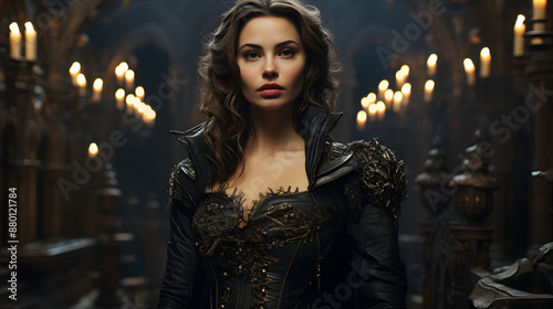 A young queen with piercing eyes and a stern expression. The ornate detail of her dark gown and the flickering candelight hint at the power she holds.