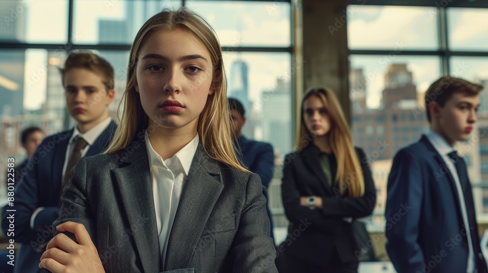 Young rookie girl and her team in suits, standing together in a modern office, with a bright environment and formal attire highlighting their potential as future leaders. Young rookie girl and her team in suits, standing together in a modern office, with a bright environment and formal attire highlighting their potential as future leaders.