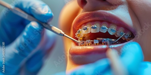 Dental Checkup: Close-up of Braces Adjustment in Modern Orthodontic Clinic photo