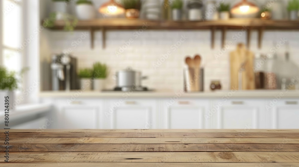 Blurred kitchen background with wooden table top for product display or design layout