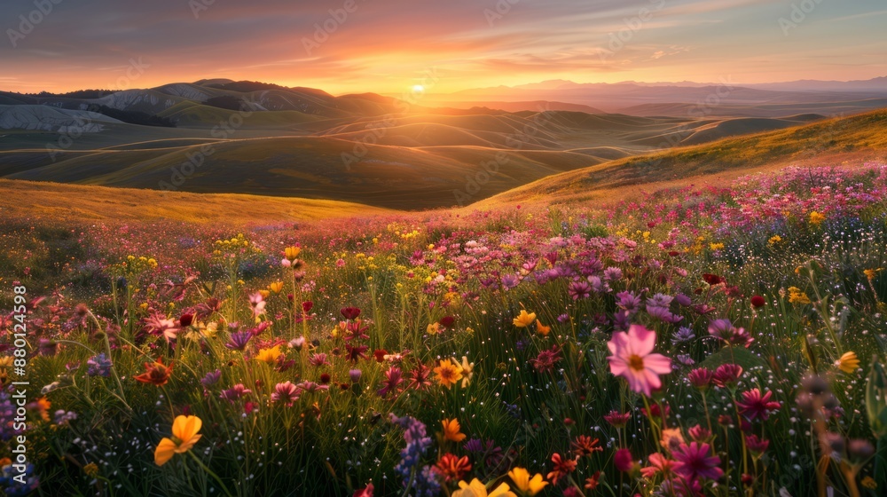 Fototapeta premium A beautiful field of wildflowers glowing under the warm hues of a setting sun