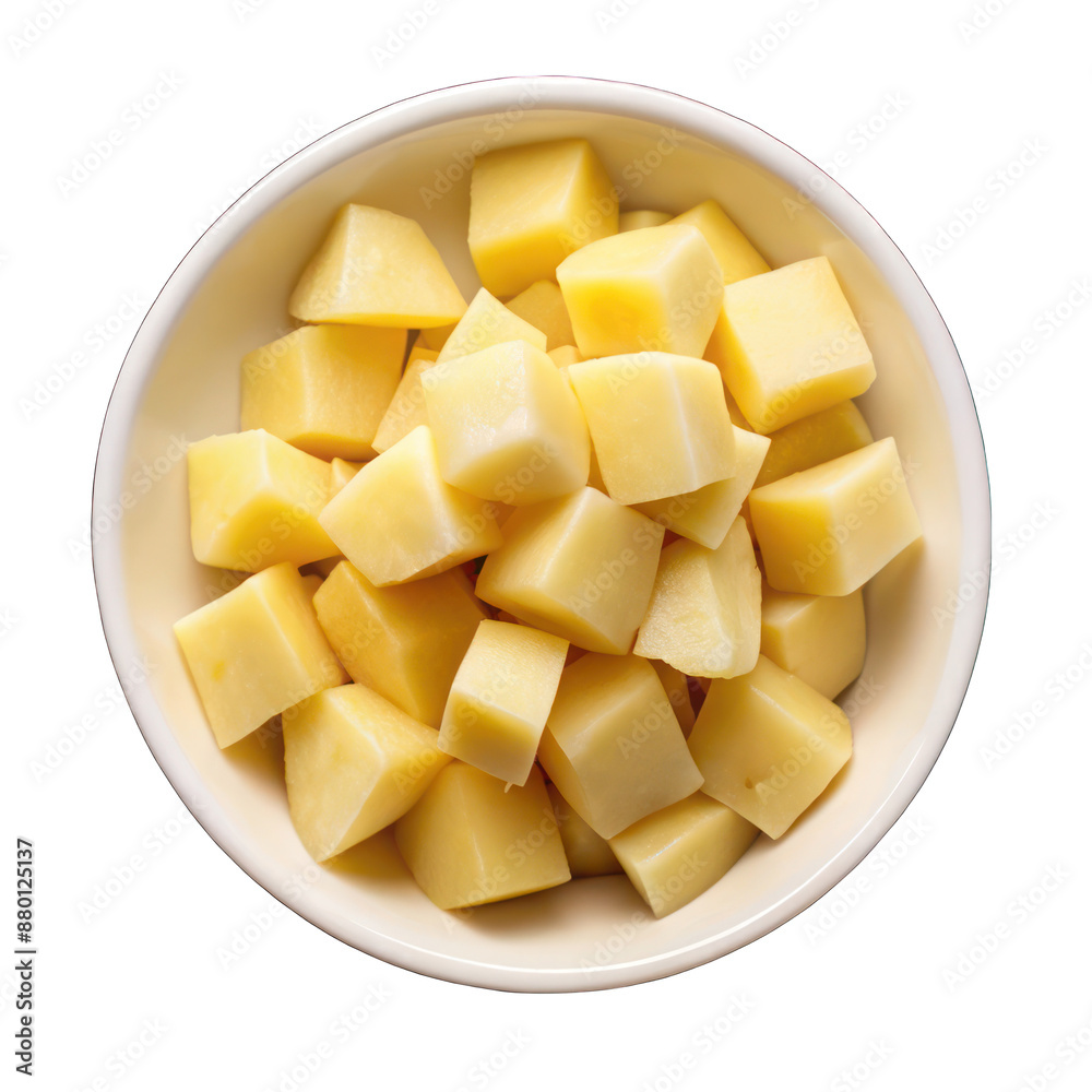 Boiled potatoes cubes on white bowl top view isolated on transparent background Boiled potatoes cubes on white bowl top view isolated on transparent background