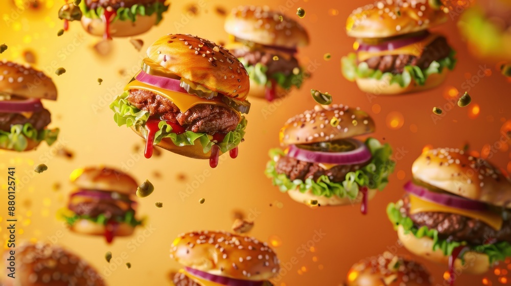 Flying Burger Slices in Mid-Air Flying Burger Slices in Mid-Air