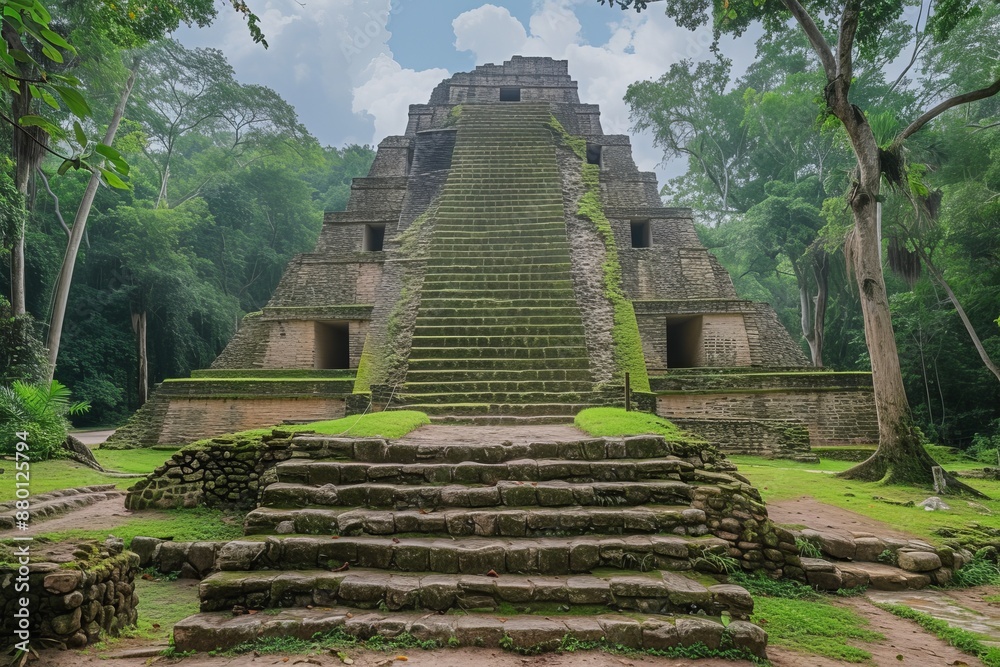 An ancient Mayan pyramid rising from the jungle canopy, its weathered ...