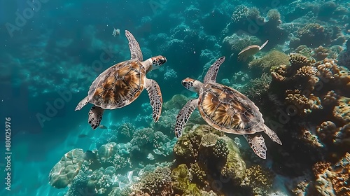 Tranquil Scene of Japanese Sea Turtles Swimming Near the Ocean Floor photo