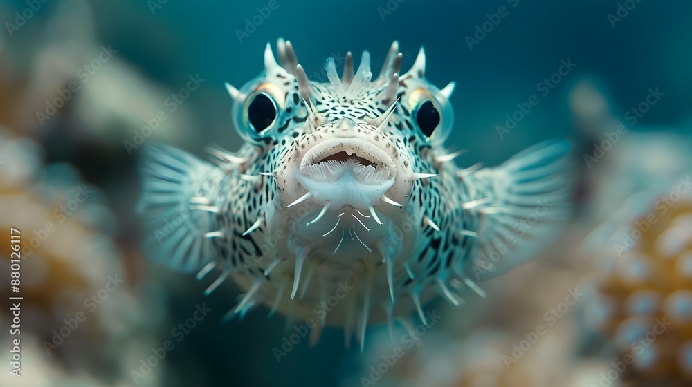 Closeup View of Inflated and Spiny Japanese Pufferfish Underwater Closeup View of Inflated and Spiny Japanese Pufferfish Underwater