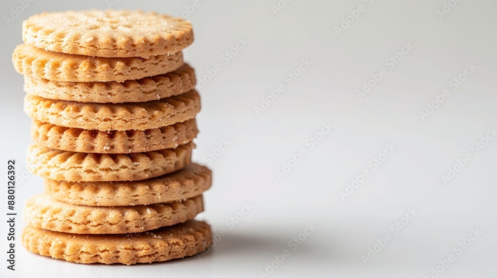 Delicious round biscuits stack on white background with space for text Delicious round biscuits stack on white background with space for text