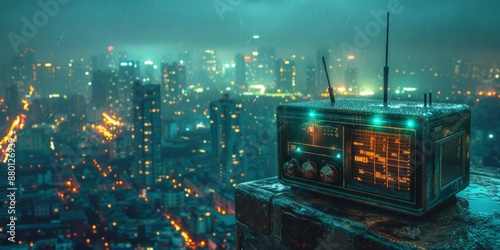 Retro Radio on Rooftop Overlooking Rainy Metropolis at Twilight photo