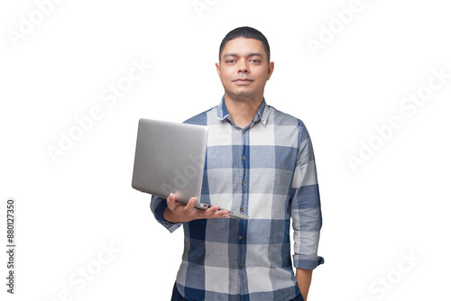Man with notebook in hands pointing and interacting with the screen. Businessman concept. Online. Freelancer concept. Copy space.