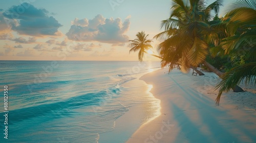 Fototapeta Naklejka Na Ścianę i Meble -  beach with coconut trees in sunrise.