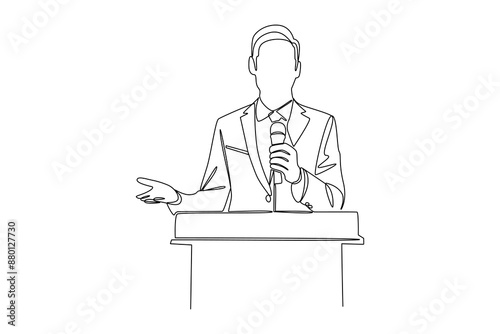 Continuous line drawing of a businessman speaking at a conference holding a microphone