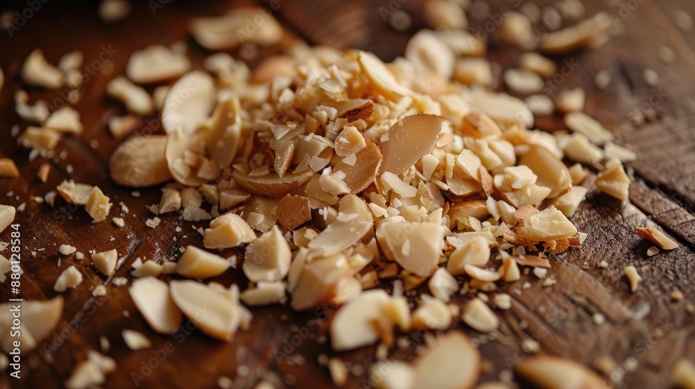 Close up of chopped almonds on dark wood surface Close up of chopped almonds on dark wood surface