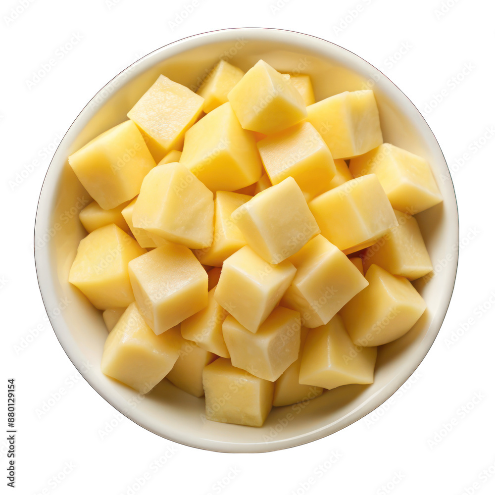Boiled potatoes cubes on white bowl top view isolated on transparent background Boiled potatoes cubes on white bowl top view isolated on transparent background