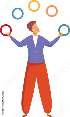 Male juggler wearing bright costume juggling rings, circus performer showing his talent