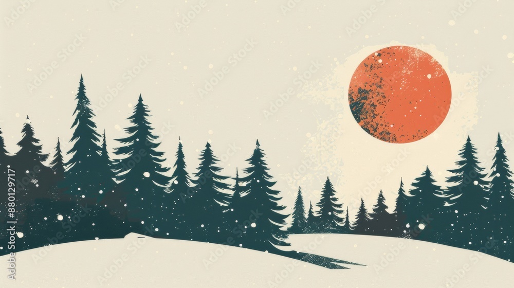 Naklejka premium Winter Wonderland: A serene landscape adorned with Christmas trees and snow, perfect for a holiday greeting card