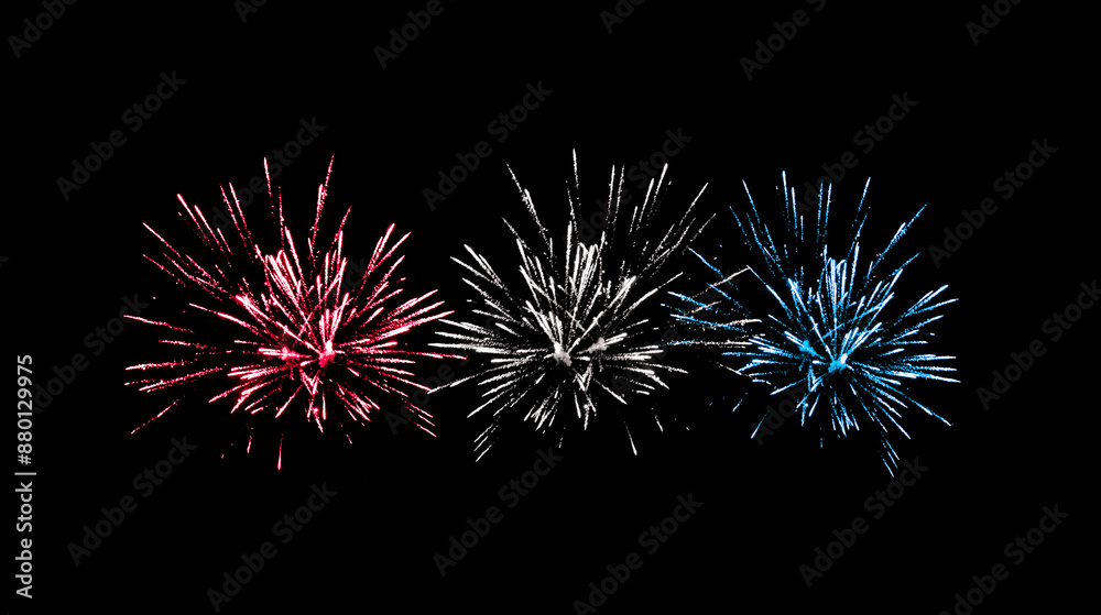 Red, White, and Blue fireworks celebration in the night sky together on a black background Red, White, and Blue fireworks celebration in the night sky together on a black background