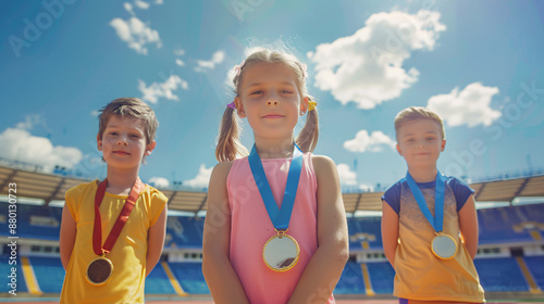 First second and third position holder Kids Athletes in Olympiad, Triumphant on the Podium with Gold Medals





