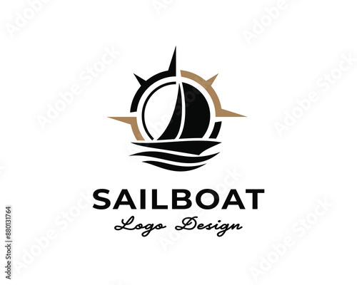 Sailboat compass navigation map trendy silhouette transportation cruise logo design template illustration inspiration