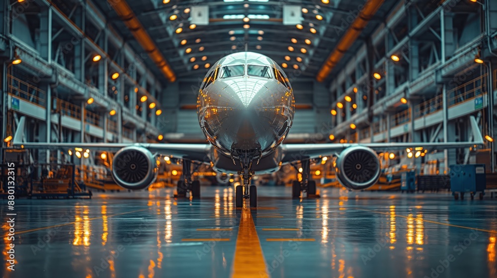 Front View of Airplane in Industrial Hangar. Front view of an airplane in a large industrial hangar, highlighting the scale and precision of aerospace engineering. Front View of Airplane in Industrial Hangar. Front view of an airplane in a large industrial hangar, highlighting the scale and precision of aerospace engineering.