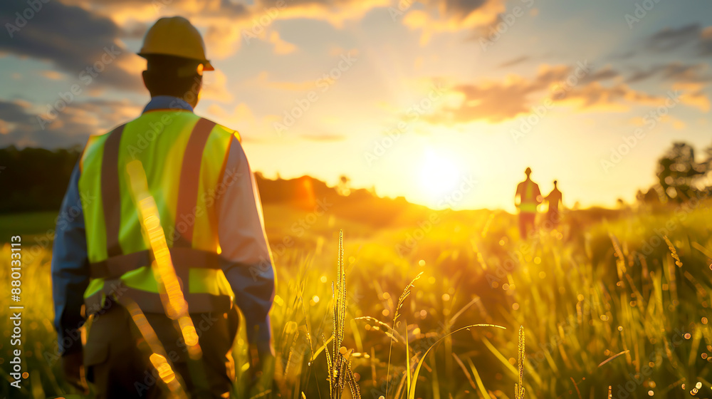 Blur Construction workers enjoying a beautiful sunset in a serene rural setting, wearing safety gear and reflective vests. Blur Construction workers enjoying a beautiful sunset in a serene rural setting, wearing safety gear and reflective vests.
