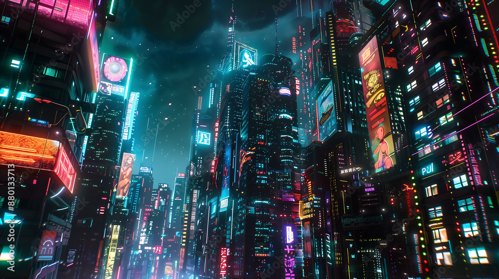 Obraz premium A neon-lit cyberpunk skyline dominated by towering skyscrapers adorned with holographic advertisements and glowing signs