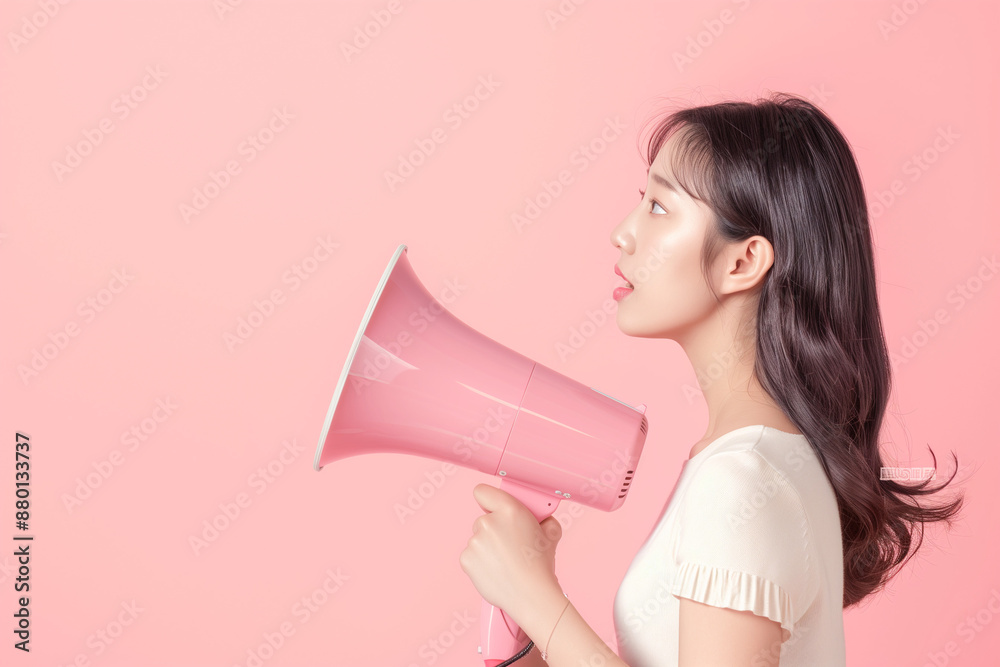 Asian Girl shirt white t-shirt hold megaphone scream announces discounts sale Hurry up going isolated on plain pastel light pink background studio portrait