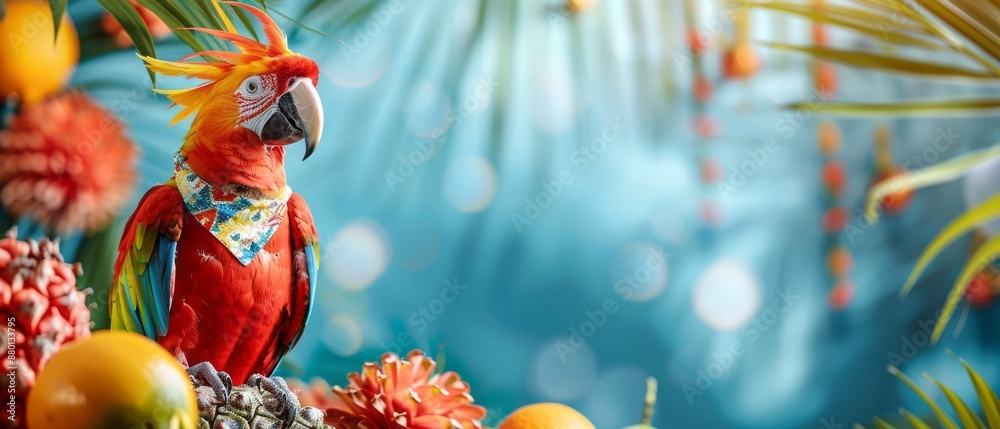 Naklejka premium Colorful Parrot Among Tropical Fruits and Flowers in Vibrant Jungle Setting