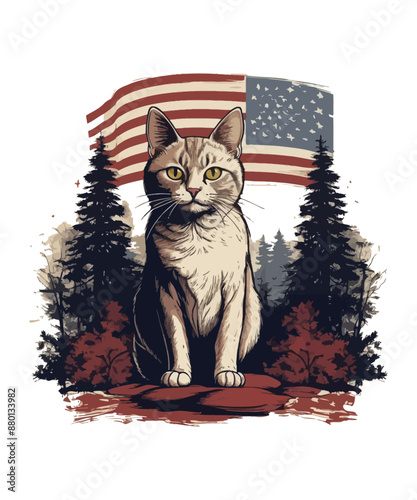 A deer roams the forest with a flag in the background