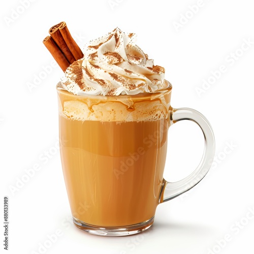 A rich and creamy pumpkin spice latte with whipped cream and a sprinkle of cinnamon, isolated white background, realism art style