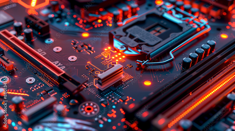 Close-up view of a computer motherboard with intricate circuits and components, illuminated by RGB lighting Close-up view of a computer motherboard with intricate circuits and components, illuminated by RGB lighting
