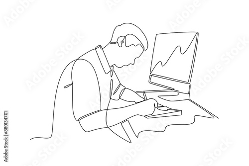 Continuous line drawing of businessman working at desk with computer and writing notes. Symbolizing productivity.
