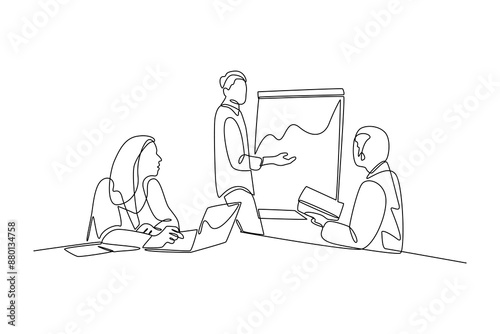 Single continuous line drawing of businessman meeting and presentation in the office illustration