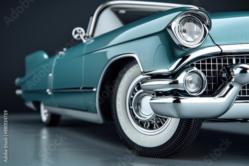 Close up shot of a vintage car's chrome front bumper and headlights.