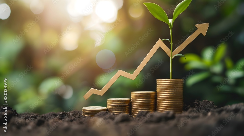 A plant is growing out of a pile of coins. The coins are stacked in a ...