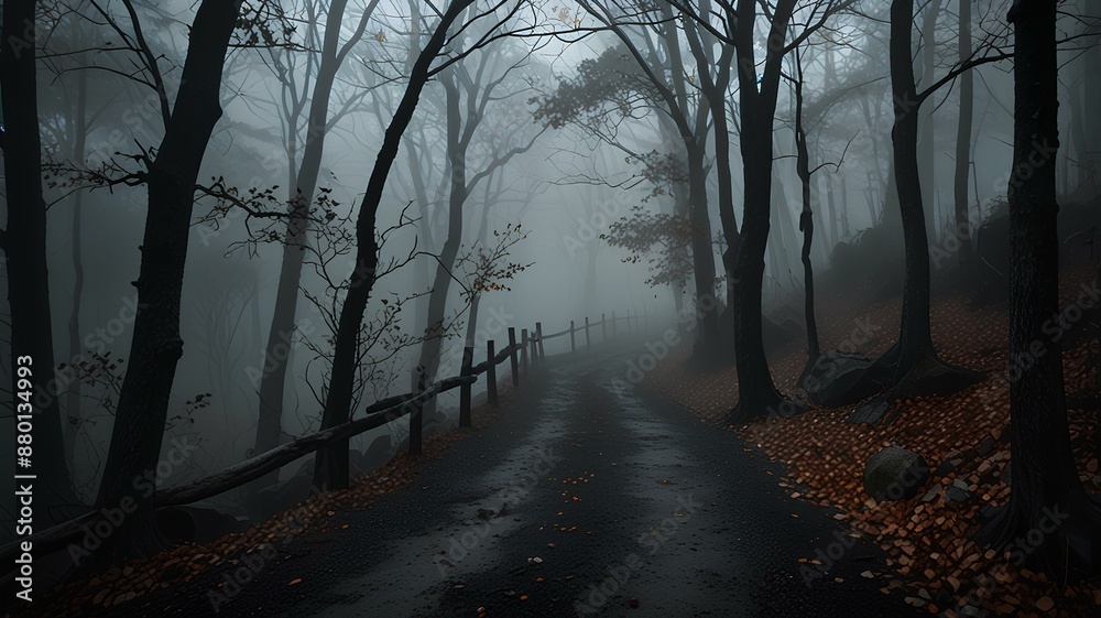 Obraz premium Photo of a Rocky Path Through a Dark Forest with Thick Fog