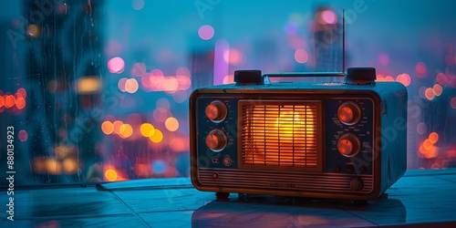 Vintage Radio Against a Bokeh-Lit Cityscape in Blue Hour photo