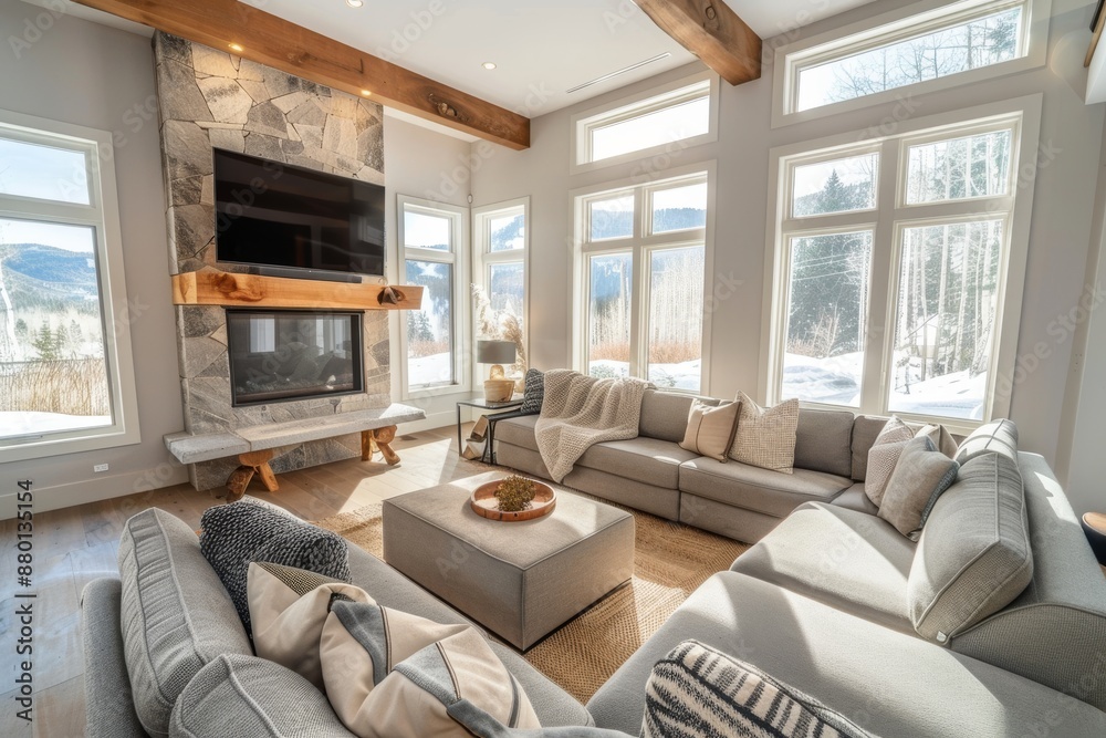 Fototapeta premium Modern Living Room with Stone Fireplace and Mountain Views