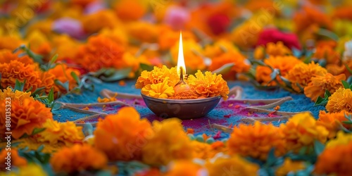 Vibrant Festive Diya and Marigold Flowers photo
