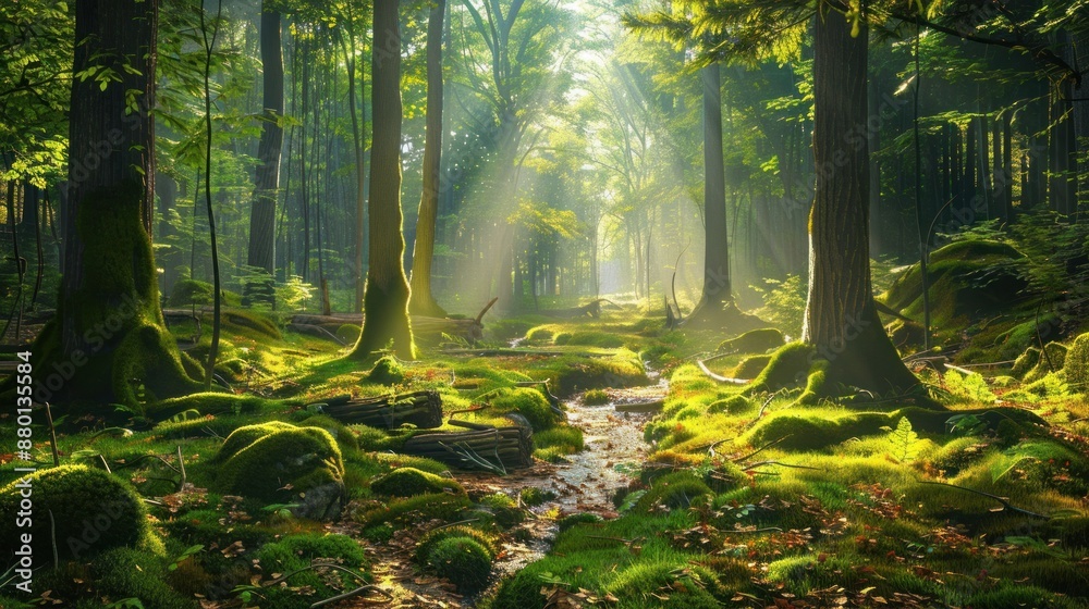 Obraz premium Sunbeams in a Misty Forest