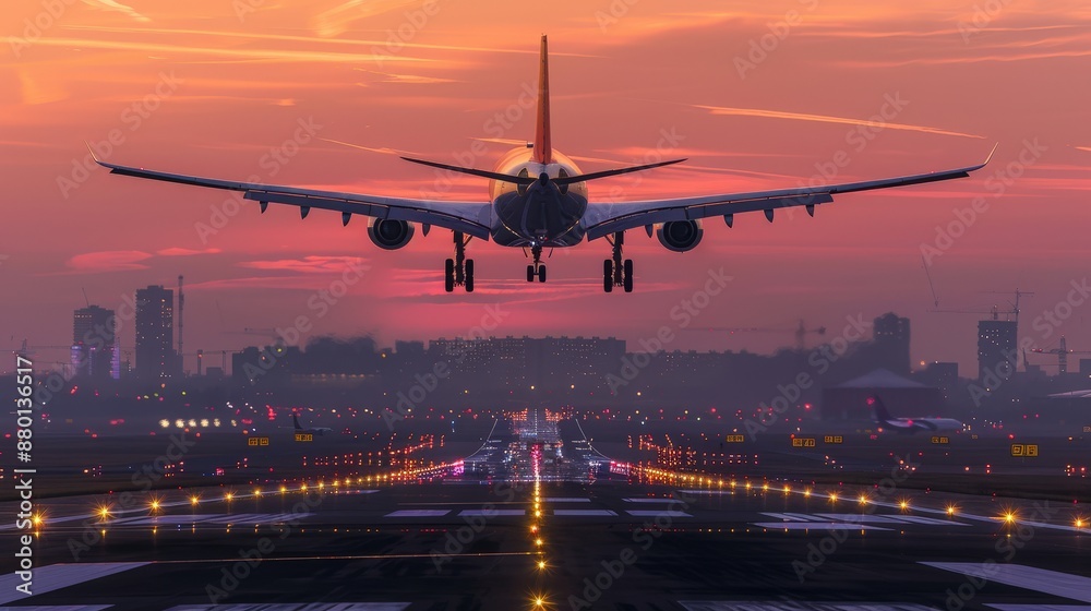 A commercial airplane landing on a runway at sunset, with a city skyline in the background and runway lights illuminated.