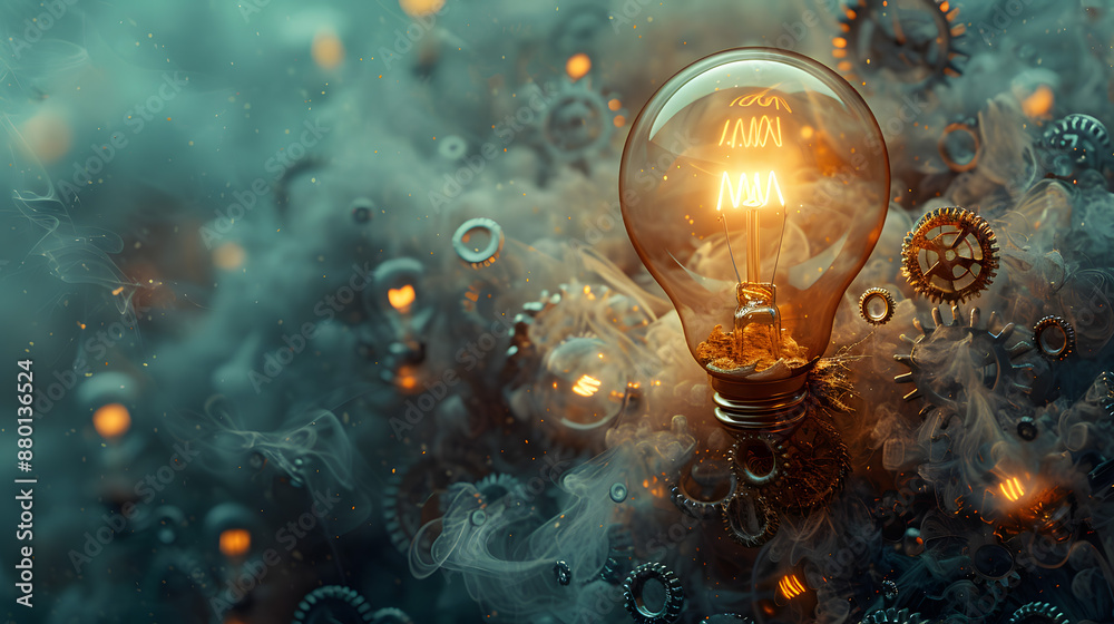 Captivating scene of innovation and creativity, featuring glowing lightbulbs and intricate gears. This modern design symbolizes bright ideas and technological advancements in engineering and invention Captivating scene of innovation and creativity, featuring glowing lightbulbs and intricate gears. This modern design symbolizes bright ideas and technological advancements in engineering and invention