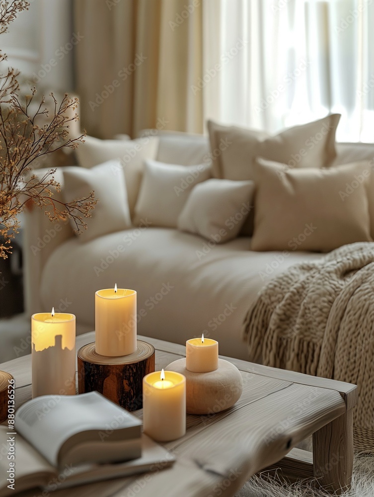 Modern living room interior with beige sofa, wooden table with candles and candle decorations, close-up 3d render