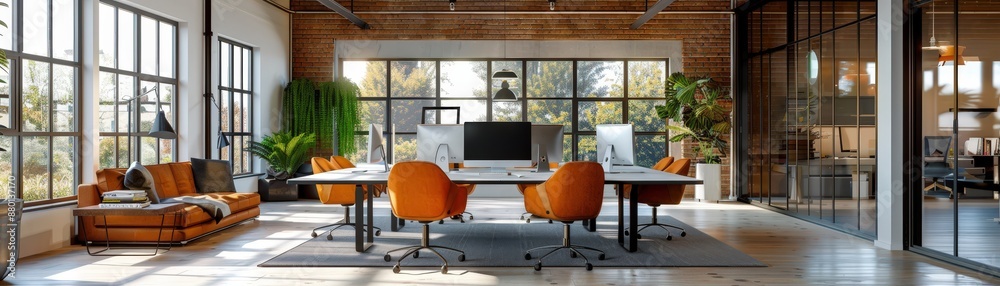 Fototapeta premium Bright and spacious industrial-style office with large windows, orange chairs, and open layout, featuring natural light and greenery.