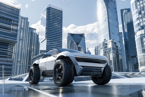 Modern white SUV on a futuristic city street.