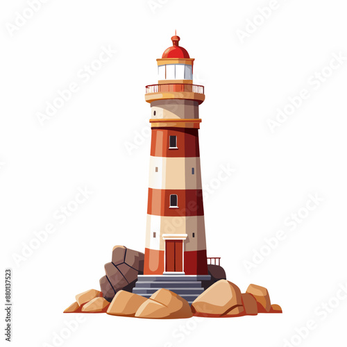 Lighthouse surrounded by stones. Navigation help for seafarers at sea. Vector illustration (1)