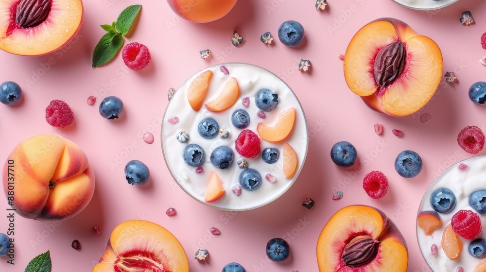 Hovering Above: Vibrant Yogurt with Peach and Blueberry Mosaic Hovering Above: Vibrant Yogurt with Peach and Blueberry Mosaic