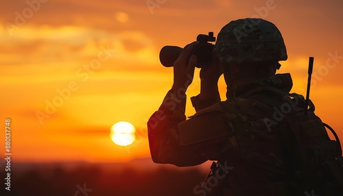 Silhouette of a Soldier Looking Through Binoculars at Sunset