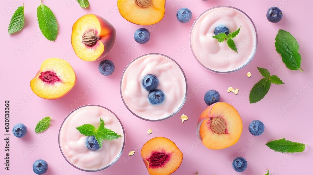 Delicious Yogurt with Peach and Blueberry, Top View Flat Lay