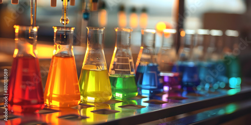 Recipientes e tubos de ensaio cheios de líquidos coloridos em uma mesa de laboratório photo