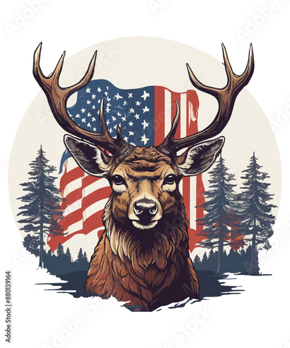 A deer roams the forest with a flag in the background